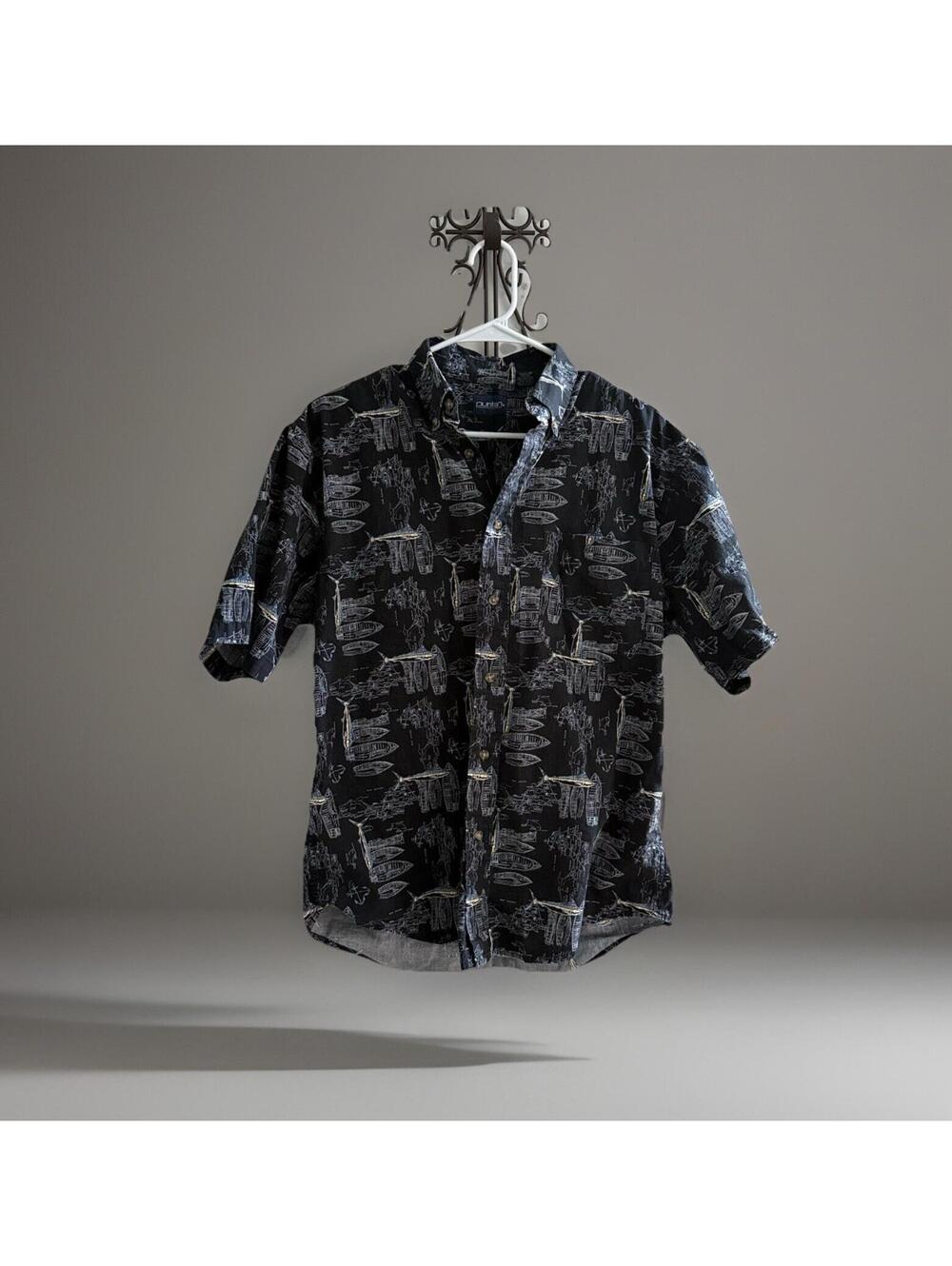 Puritan Marlin Fish Hawaiian Shirt Mens Medium Black Fishing Camp Shirt